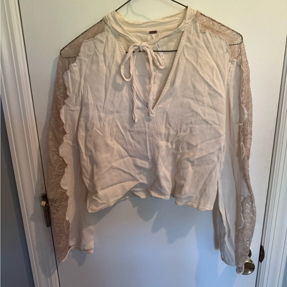 Free People Cream Blouse with Lace Sleeves
